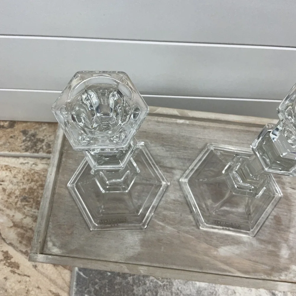 Toscany Lead Crystal Candlestick Set Hexagon Base 8.5 Inch Made in USA Clear